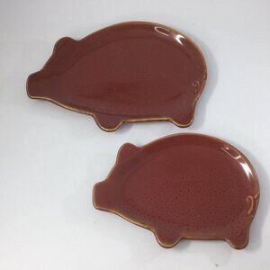 Serving Appetizer Snack Burgundy Color Ceramic Plates Pig Shape Set 2